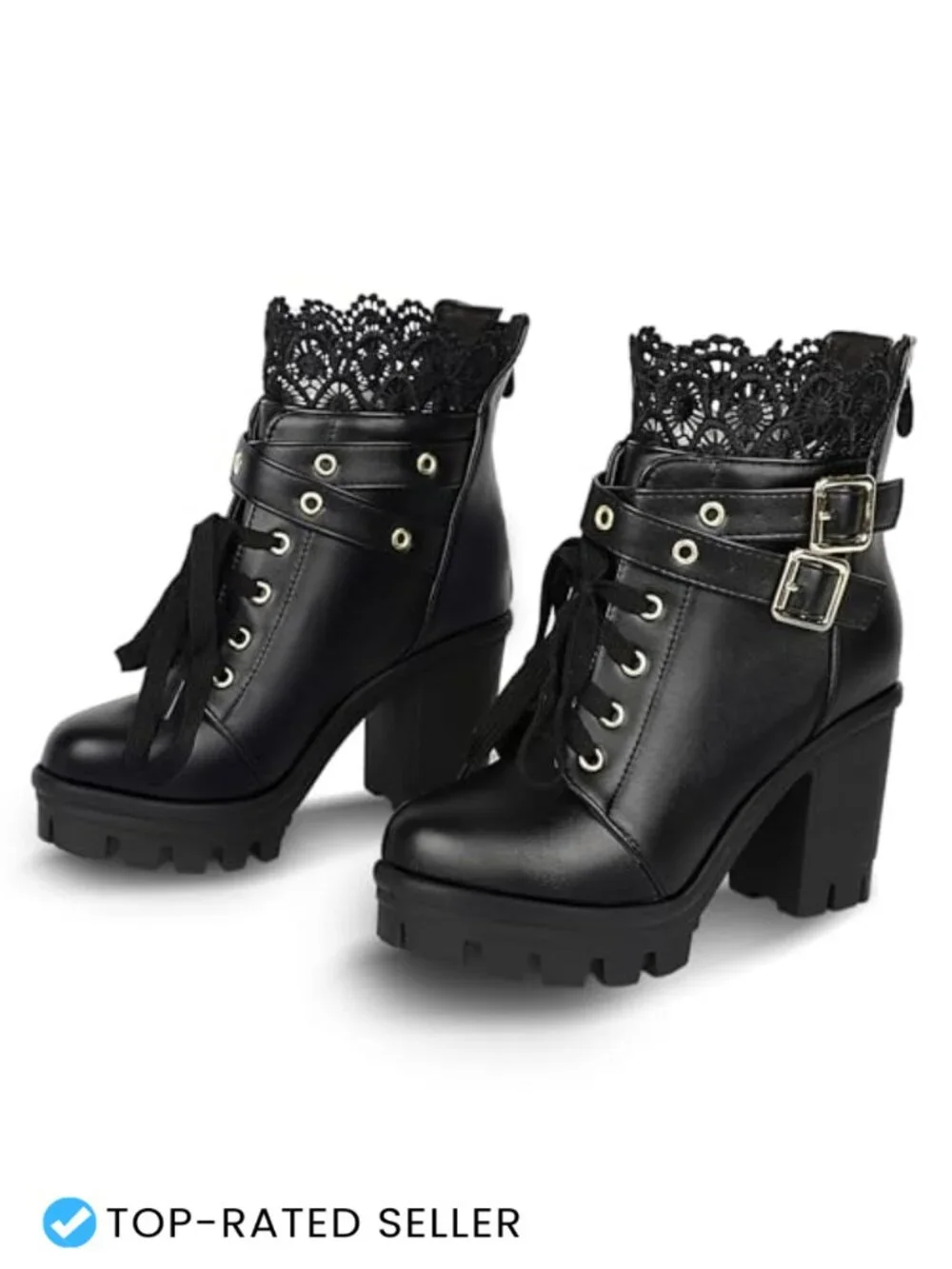 Women's Lace Up Chunky Ankle Boots Gothic Platform with Buckle Strap Faux